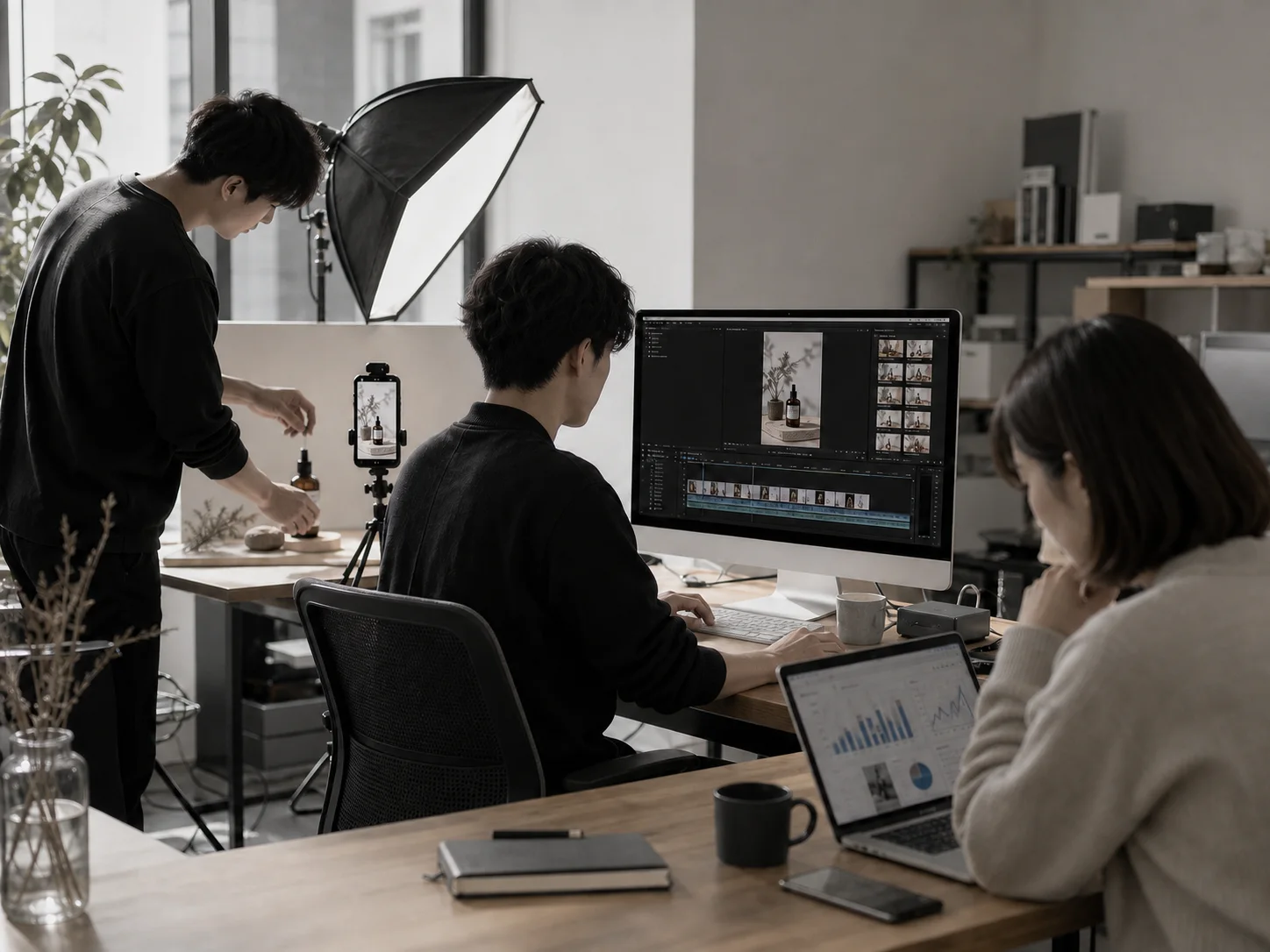 ショート動画を撮影・編集し、投稿結果を分析する制作チーム